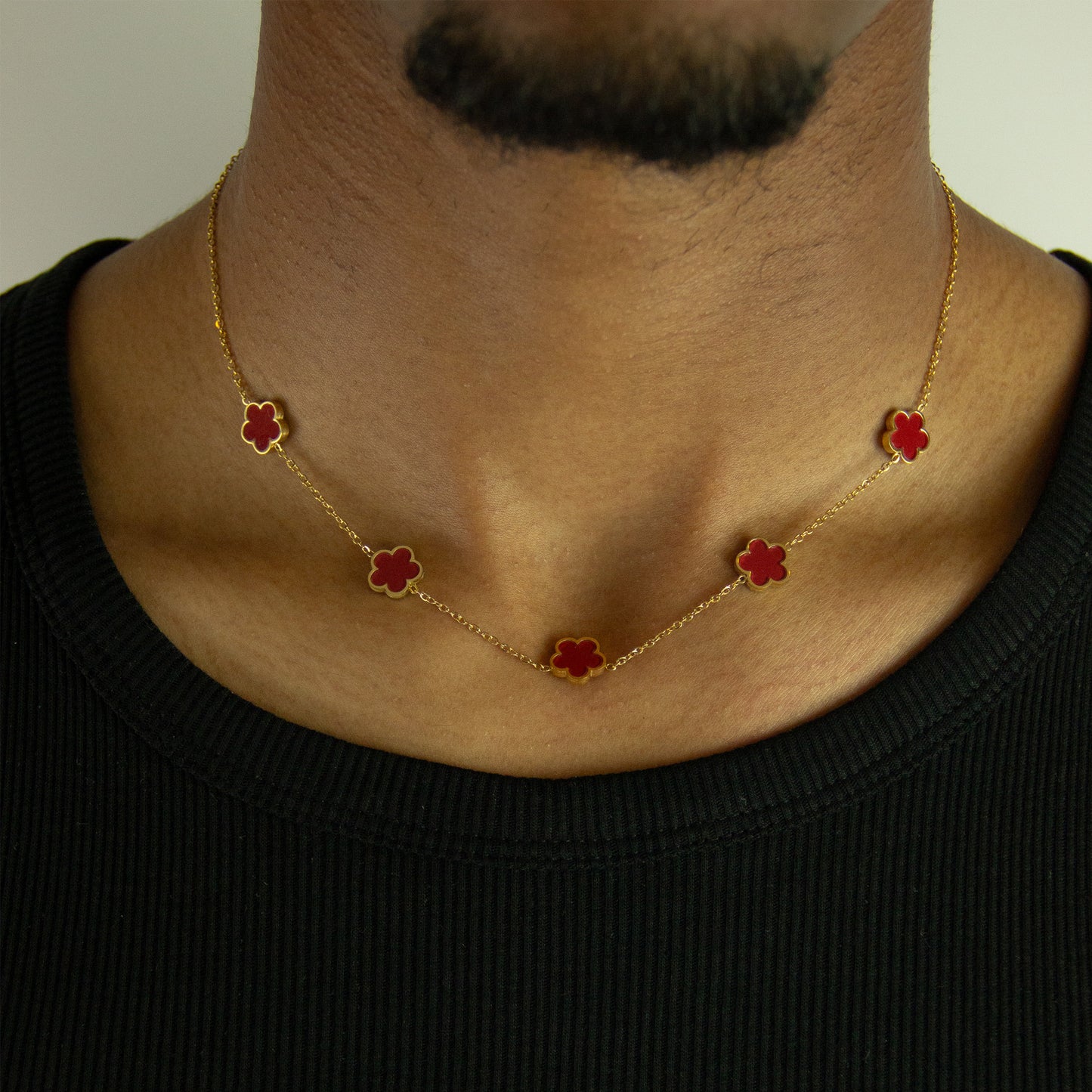 Five Leaf Flower Necklace-  Gold Red