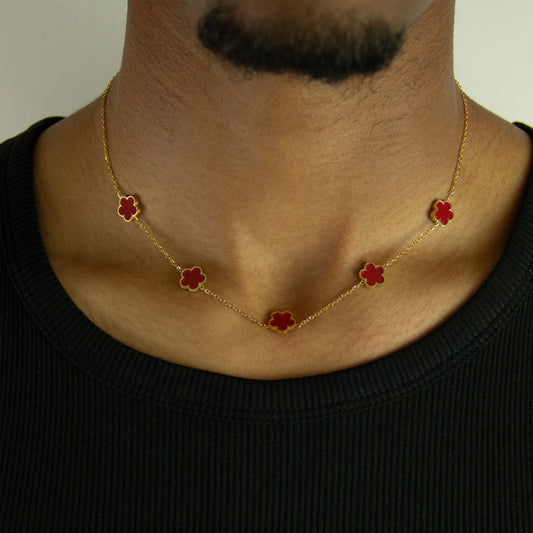 Five Leaf Flower Necklace-  Gold Red